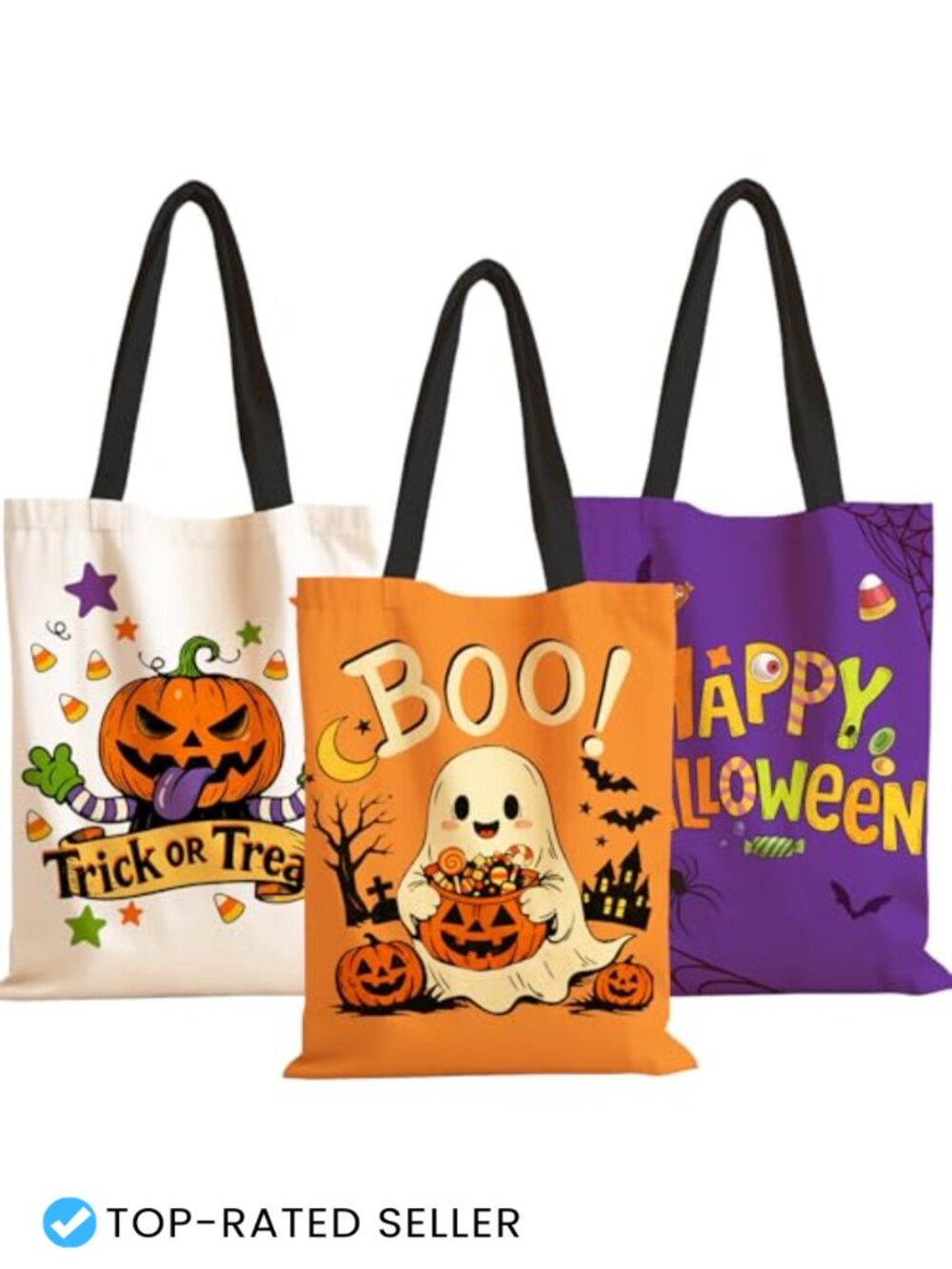Set of 3 Halloween Canvas Tote Bags for Kids Trick or Treating Reusable Candy